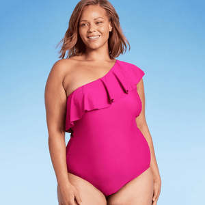 Costume da bagno intero da donna Kona Sol con copertura elevata, monospalla con volant, rosa, taglia 16 - Product Image 1