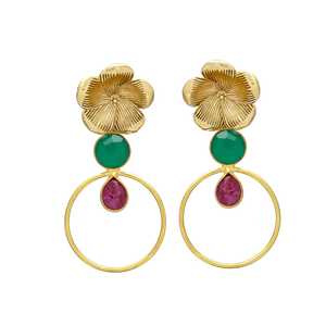 Pendiente de gota circular de rubí hidro y ónix verde con cabeza de flor, pendiente de piedras preciosas, pendiente hecho a mano, pendiente de último diseño - Product Image 1