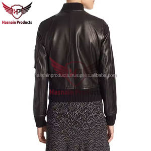 <b>Women's</b> Autumn Winter Sheep Wool Leather Jacket Casual Long Sleeve Solid Color Zipper Pocket Cotton Handmade XL Size Silk - Product Image 2