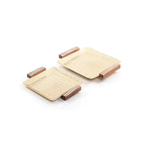 Plateau de chocolats en acier inoxydable en vrac avec poignées en bois et vadrouille forme rectangulaire plateau de service de vaisselle couleur or - Product Image 2