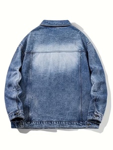 Hot Selling Men's Distressed <b>Denim</b> Jacket With Letter Print Casual Button Front Washed Cotton <b>Coat</b> Autumn Style Regular Fit - Product Image 2