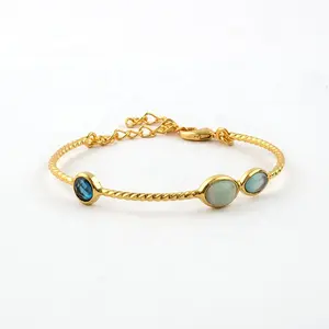 Pulsera de piedras preciosas hechas a mano, brazalete ajustable chapado en oro, cadena de eslabones curb, joyería de moda