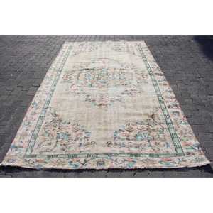 Alfombra Turca, Alfombra Grande de 5.6x9.5 pies, Alfombra Azul a Rayas - Product Image 1