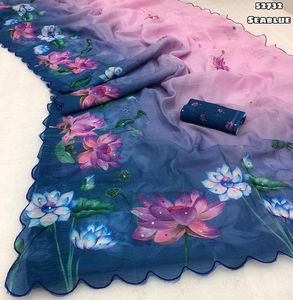 ชุดส่าหรีลายดอกไม้สำหรับผู้หญิง คอลเลคชั่นฤดูร้อน พร้อมงานปักเลื่อมและขอบปักลายม้วน - Product Image 3