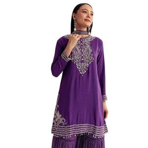 <b>Purple</b> Moti Threadwork Dola Silk Sharara Suit with Organza Dupatta for Bridal Party Festive Reception Custom Cultural Occasions - Product Image 4