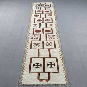 Vintage <b>Rug</b>, <b>Runner</b> 3.2x11.2 ft Turkish <b>Rug</b>, White Brown Solid Wool <b>Rug</b> - Product Image 1