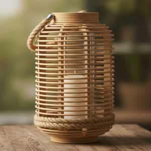 Lanterne artisanale en rotin et jute avec tube en verre |   Éclairage de luxe écologique et coupe-vent pour la décoration de la maison et des hôtels - Product Image 4