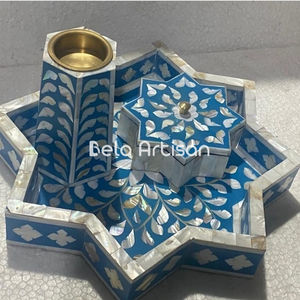 Quemador Bakhoor de acero inoxidable Star Blossom con incrustaciones de azul y nácar aromático ecológico - Product Image 6