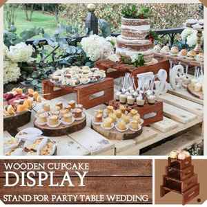 Juego de 4 elevadores de exhibición de cupcakes de madera rústica hechos a mano con asas, soportes cuadrados ecológicos para postres para fiestas, OEM disponible - Product Image 5