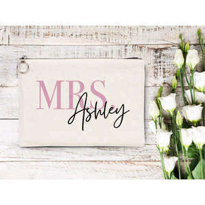 Personalized Cotton Wedding <b>Clutch</b> with Custom Letter Decoration <b>Bridesmaid</b> Gift Bag with Zipper Closure - Product Image 1