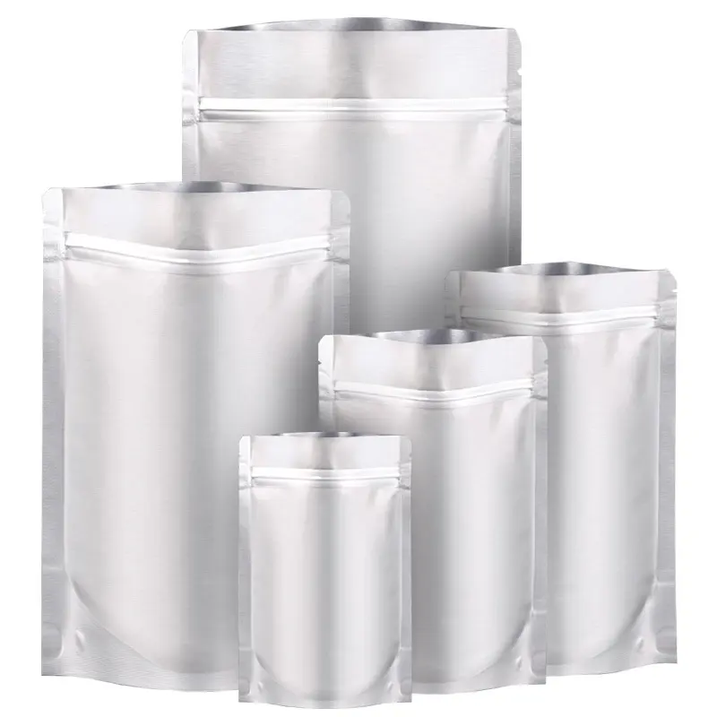 Embalaje plateado de papel de aluminio puro mylar para aperitivos y alimentos sencillos directamente de fábrica con bolsas de pie con cremallera