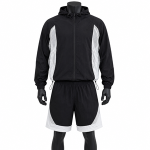 Men's <b>Black</b> White Color Block Hooded Tracksuit Lightweight Breathable Sporty Full Sleeve Zipper Jogging Suit Shorts Set - Product Image 1