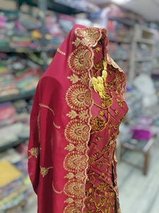 Maroon Maqbal Dirac Velvet <b>Fabric</b> with Gold Floral Jacquard & Twill Embroidery Eco-Friendly Wedding Dress for Girls - Product Image 2