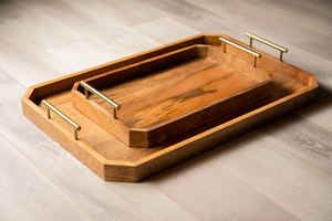 Ensemble de plateaux de service rectangulaires en bois de luxe avec poignées en laiton, plateaux décoratifs empilables pour la maison, la cuisine, l'hôtel, les cadeaux - Product Image 1