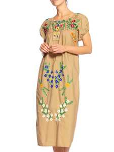 Vestido Midi Vintage de estilo mexicano para mujer, cuello cuadrado, manga corta, bordado a mano, cintura tejida de algodón 100%, ajuste Natural - Product Image 2