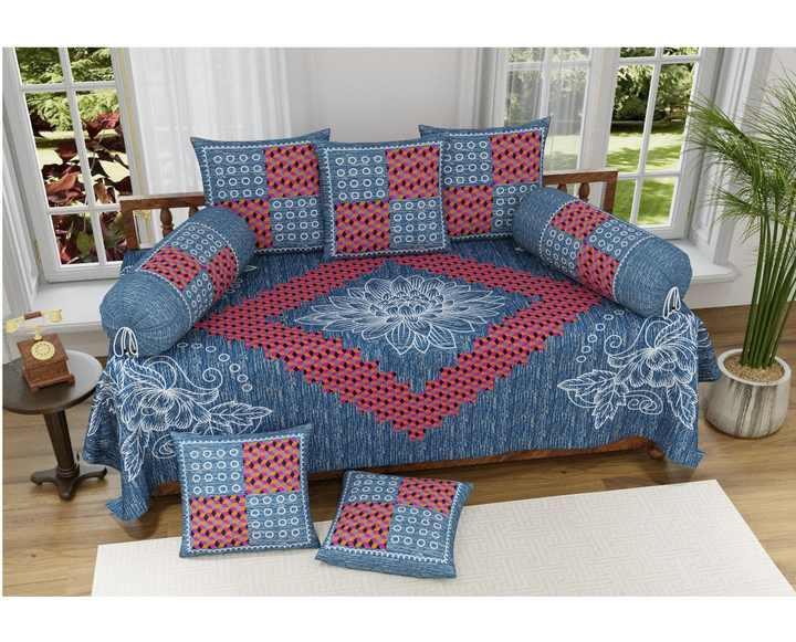 Beautiful 8-Piece Cotton Deewan Set Home Decor Rajasthani Single Bedsheet with Lotus Flower & Animal Print for Gifting
