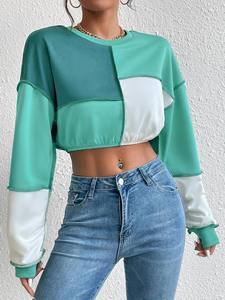 Sudadera Corta Color Block al por Mayor para Mujer, Top Informal de Manga Larga con Cuello Redondo - Product Image 4