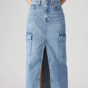 Denim Split Maxi Skirt Autumn Eco-Friendly Breathable A-Line Button Down Zipper Front Side Chic Versatile Elegant - Product Image 2