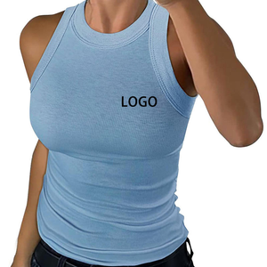 Camisetas sin mangas OEM personalizadas para mujer, Camiseta básica sin mangas de verano, blusas ajustadas de punto acanalado con espalda cruzada - Product Image 3