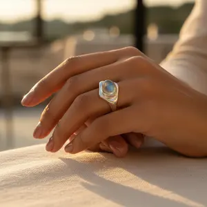 Bague en argent sterling 925 à motif géométrique romantique, pierre de lune, plaqué or 10 carats, rhodium platine 14 carats, sertie invisible, cadeau pour femme - Product Image 1