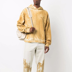 Pull à capuche délavé à l'acide pour homme, vêtement d'hiver à la mode, couleur Orange, avec poche avant, à bas prix, 2023 - Product Image 2
