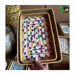 Rattan Serving <b>Tray</b> Mixed Mother of Pearl Mosaic Handmade Natural <b>Tray</b> Design Perfect For Tea Coffee Snack Holding - Product Image 5