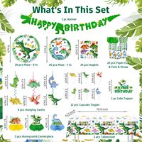 Ensemble de vaisselle d'anniversaire sur le thème des dinosaures, 175 pièces, comprenant des assiettes et des serviettes à thème dinosaure, une bannière suspendue, une nappe, un décor de gâteau, une décoration de table