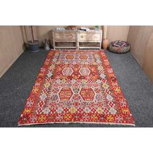 พรมวินเทจ ขนาด 6.1x10.8 ฟุต พรมตุรกี พรมคิลิมสีแดงลายเรขาคณิตสีรุ้ง - Product Image 1