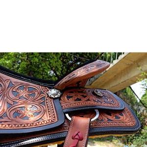 Nouvelle selle de cheval Western haut de gamme en cuir bicolore sculptée à la main avec logo personnalisé, tailles sur mesure et accessoires en acier inoxydable - Product Image 4
