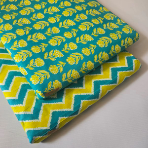 Ensemble de tissu en denim de coton imprimé Jaipuri non cousu, haut et bas |   60*60 Coton |   Costume pour filles |   1 lot de 5 mètres, haut de gamme 5 mètres - Product Image 1