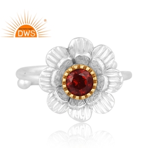 Trendy Natural <b>Garnet</b> Gemstone Gold On Fine Sterling <b>Silver</b> Floral Engagement <b>Ring</b> Manufacturer of Indian Gemstone Jewelry - Product Image 2