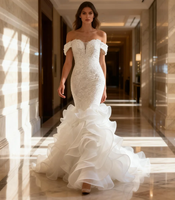 Robe de mariée sirène à épaules dénudées avec perles et jupe en organza à volants