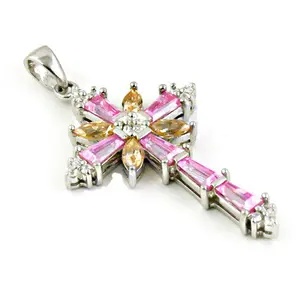 Colgante de Plata 925 para Mujer, Hecho a Mano, Oro Blanco y Oro Rosa con Baño de Rodio, Gema Rosa y Amarilla, Cruz, Amuleto Religioso - Product Image 3