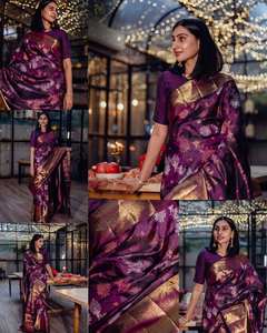 Tissu en soie douce avec tissage Banarasi Zari doré complexe pour les mariages toute l'année, les occasions spéciales - Product Image 2