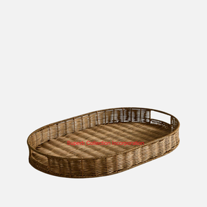 Plateau de service ovale en rotin naturel tissé à la main avec poignées Plateau de rangement en osier décoratif pour la table basse de cuisine et la décoration intérieure - Product Image 1