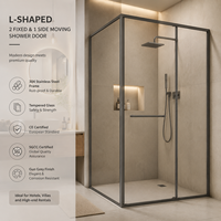 Cabine de douche moderne en forme de L avec cadre, deux panneaux fixes et une porte coulissante, design gain de place pour salles de bain contemporaines