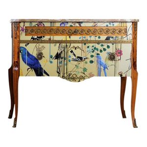 Mesita de noche de caoba de estilo francés de lujo con motivo de pájaro artístico y tapa de mármol, mesita de noche elegante hecha a mano - Product Image 1