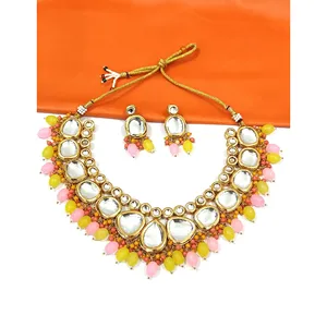 Ensemble de collier vintage jaune rose Kundan pour femmes, plaqué or, avec perles et diamants, pour cadeau de mariage, bijoux fins pour mariée - Product Image 3