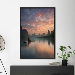 Guilin China Serenity: Impresión en lienzo con paisaje escénico, enmarcado en negro - Product Image 1