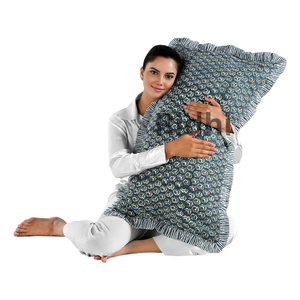 Funda de Almohada Lumbar con Volantes RIDHI, Diseño Floral Azul Pavo Real, 20x36, Estampado a Mano, Algodón, Personalizable, Removible, Lavable, Decorativa - Product Image 1