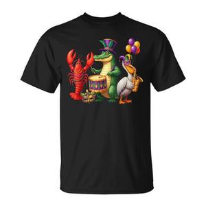 T-Shirt Promozionale Mardi Gras New Orleans Louisiana con Alligatore, Gambero e Pellicano - Product Image 1