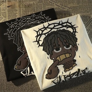 เสื้อยืดคอกลมทรงโอเวอร์ไซส์สำหรับผู้หญิงทำจากผ้าฝ้าย100% คุณภาพสูงสไตล์ลำลองพิมพ์ลาย3D เปิดไหล่ประดับด้วยกระดุม - Product Image 5