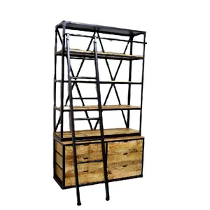 Best Selling Vintage Industrial Design Bookshelf Double Part with Ladder Drawer Storage Bookcase for Home Living Room