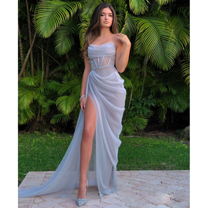 ชุดราตรีผ้าชีฟองทรงเอไลน์สีฟ้าประกายระยิบระยับ คอวี เอวทรงเอ็มไพร์ ประดับด้วยโครเชต์และเลื่อม ไซส์ XS ยาวถึงพื้น สายเดี่ยวแบบสปาเก็ตตี้ สำหรับงานพิธีการ - Product Image 1