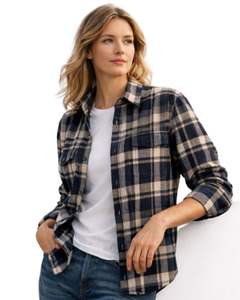 Camisa de Franela a Cuadros Oversize para Mujer, Azul Marino y Beige, Manga Larga, Casual, Suave, Otoño-Invierno, Venta al por Mayor - Product Image 1