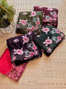 Vestido de fiesta de boda hermoso Sari de seda Georgette con blusa bordado floral trabajo en cuerpo completo - Product Image 2