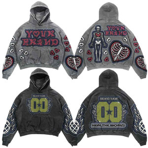 Sudadera con capucha personalizada con estampado gráfico 3D para hombre, jersey de peso pesado lavado con ácido desgastado, parche bordado de lana ODM - Product Image 1