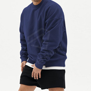 O-cuello de gran tamaño de la sudadera de los hombres de manga larga de algodón poliéster azul liso con característica suave patrón impreso - Product Image 6