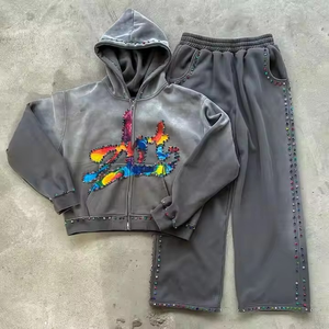 Top Sell Custom Logo Zip up Hoodie Sweat Track Baggy Pant Acid Washed Hoodie Set Full Dtg Print 3D Bordado Parche Chándales - Product Image 1