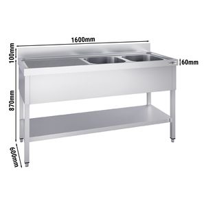 Fregadero Comercial de Acero Inoxidable PREMIUM - 1600x600mm - con Doble Cubeta a la Derecha - con Estante Inferior - Product Image 2